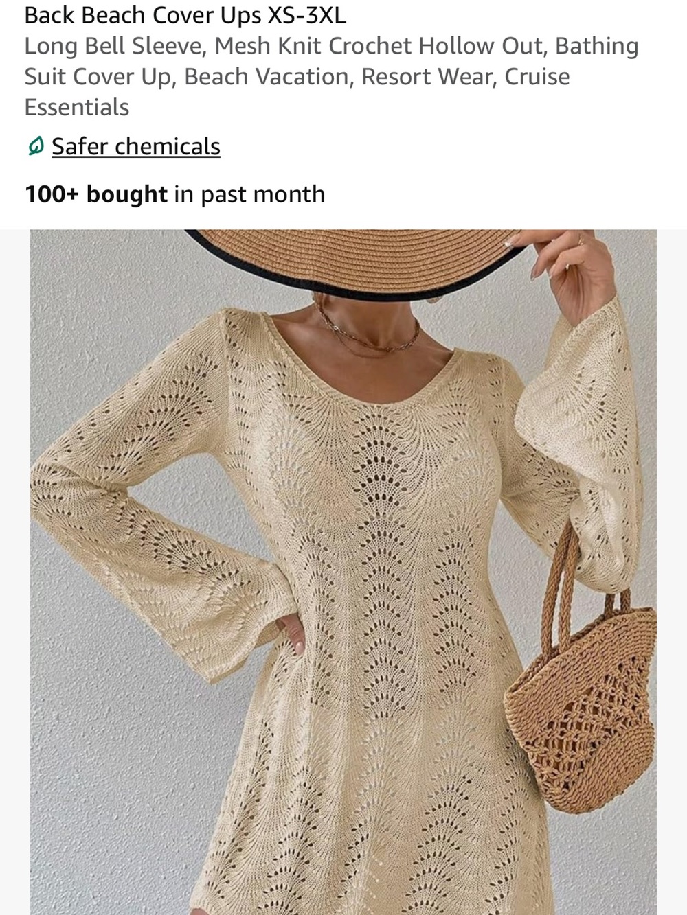 Cream Crochet Beach Cover Up Dress Long Sleeve Open Back